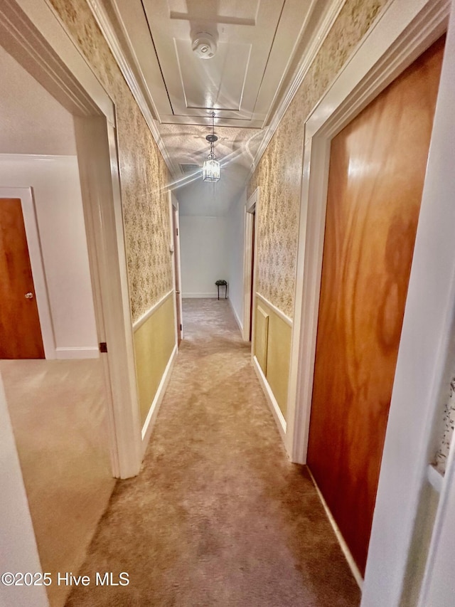 hall with crown molding, carpet floors, wainscoting, and wallpapered walls