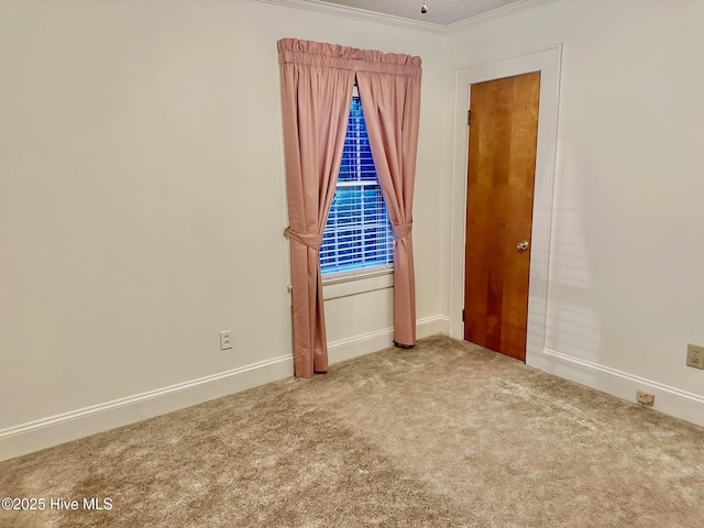 carpeted empty room featuring baseboards and crown molding