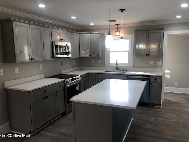 kitchen featuring stainless steel appliances, dark wood-type flooring, a sink, and gray cabinetry