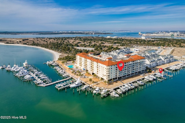 drone / aerial view featuring a water view