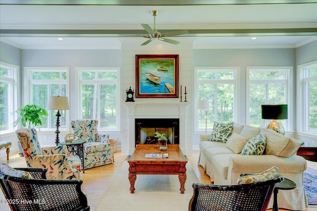 living room featuring plenty of natural light, a fireplace, ornamental molding, and wood finished floors