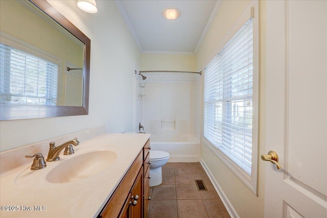 full bath with visible vents, tile patterned flooring, vanity, toilet, and shower / bathing tub combination