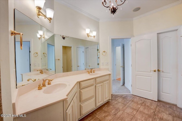 full bathroom with crown molding, double vanity, and a sink