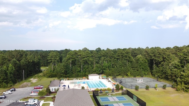 bird's eye view featuring a view of trees