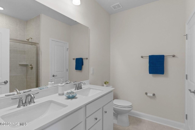 bathroom with visible vents, a sink, a shower stall, and baseboards