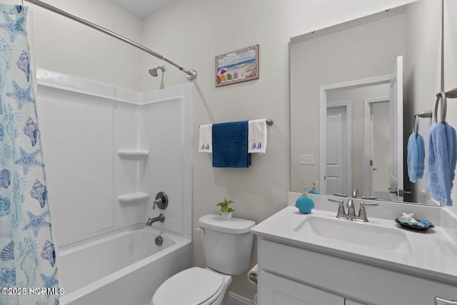 bathroom with toilet, shower / tub combo with curtain, and vanity