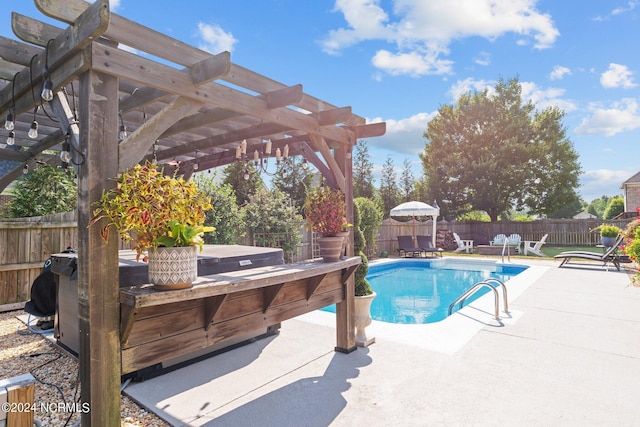 view of pool with a patio area, a fenced backyard, a fenced in pool, and a pergola