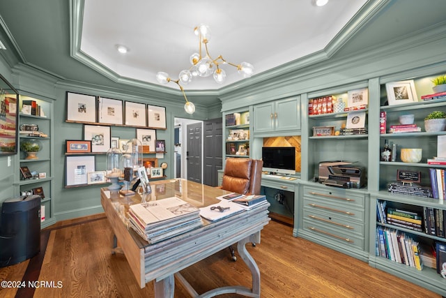 office space featuring dark wood-style floors, an inviting chandelier, and crown molding