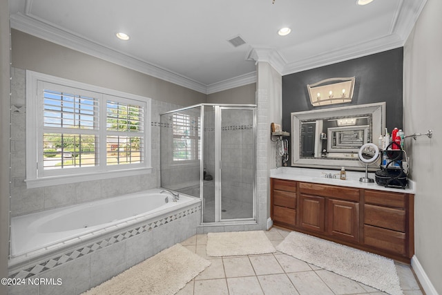 full bathroom featuring ornamental molding, visible vents, a shower stall, and a bath