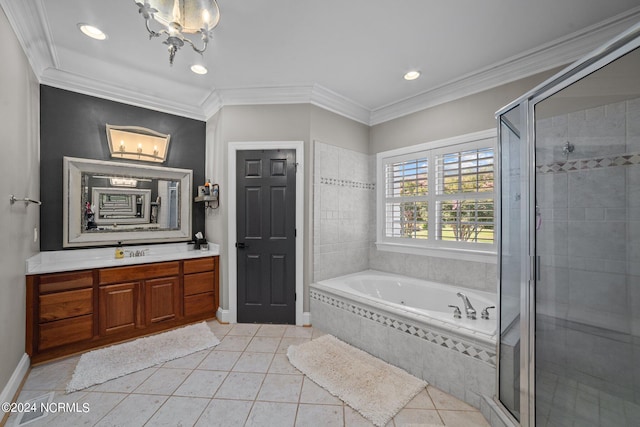 bathroom featuring a stall shower, tile patterned flooring, crown molding, and a bath