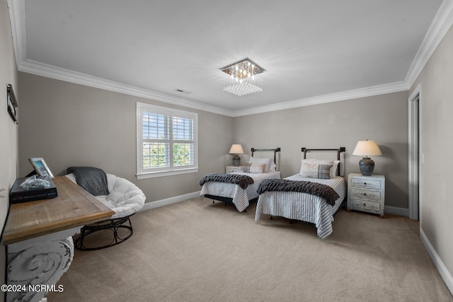 bedroom featuring carpet, visible vents, an inviting chandelier, ornamental molding, and baseboards