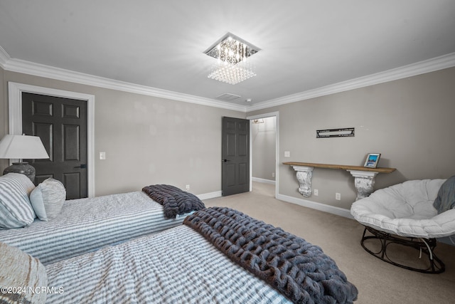 carpeted bedroom with ornamental molding, a chandelier, and baseboards