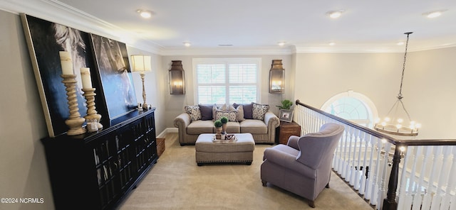 living area featuring an inviting chandelier, ornamental molding, and light colored carpet