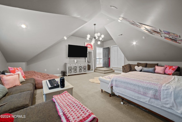 bedroom featuring baseboards, visible vents, an inviting chandelier, vaulted ceiling, and carpet flooring