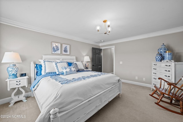 bedroom featuring a notable chandelier, crown molding, baseboards, and light colored carpet