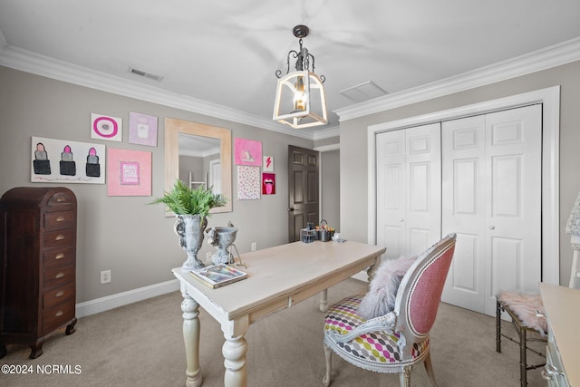 home office with light carpet, ornamental molding, and visible vents