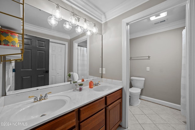 full bathroom with tile patterned floors, a sink, visible vents, and crown molding