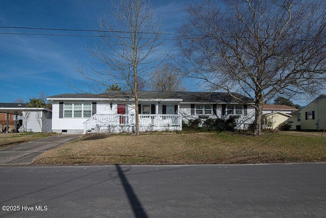 ranch-style home with crawl space, a porch, and a front yard