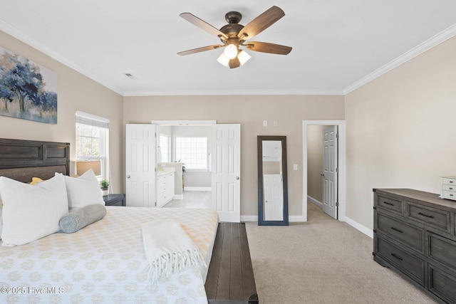 bedroom featuring light carpet, ornamental molding, visible vents, and baseboards