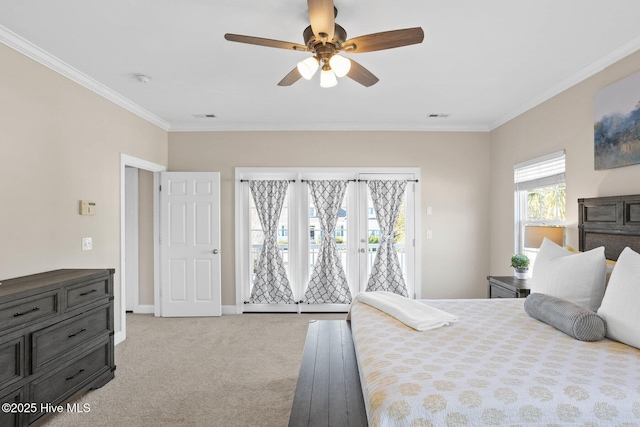 bedroom with carpet floors, a ceiling fan, baseboards, access to outside, and ornamental molding