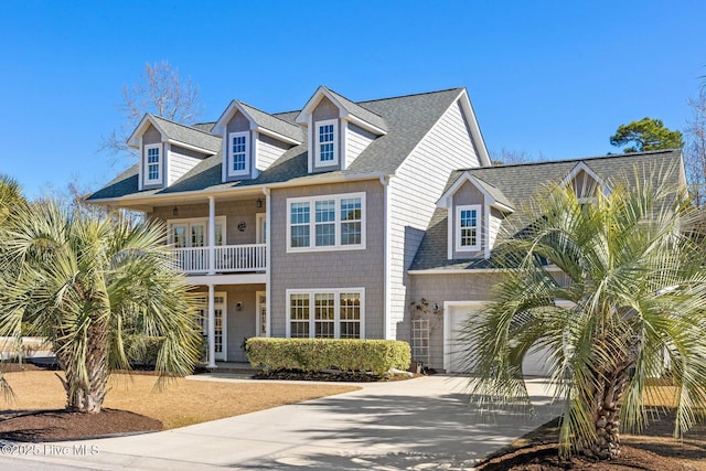 view of front of home featuring a balcony, driveway, a garage, and roof with shingles