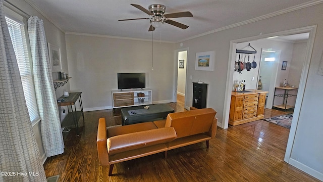 living room with visible vents, ornamental molding, a ceiling fan, and wood finished floors