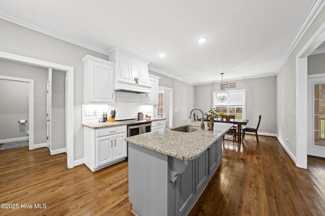 kitchen with dark wood-style floors, premium range hood, white cabinets, and a sink