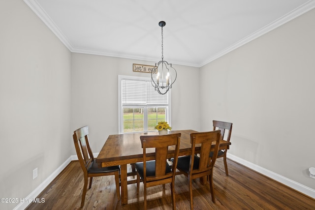 dining area with baseboards, dark wood-style flooring, and a notable chandelier