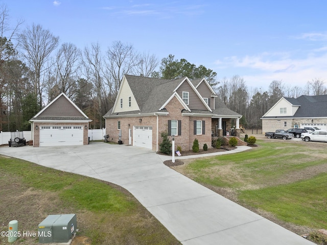 craftsman house with a garage, covered porch, fence, a front yard, and brick siding