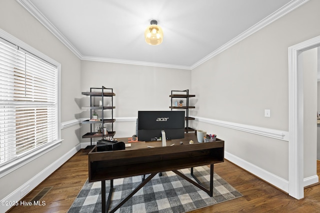 office area featuring ornamental molding, baseboards, and wood finished floors