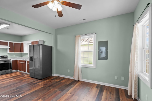 kitchen with visible vents, under cabinet range hood, light countertops, electric panel, and appliances with stainless steel finishes