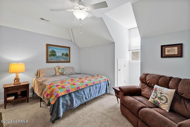 carpeted bedroom with vaulted ceiling, ceiling fan, visible vents, and baseboards