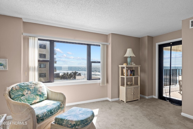 sitting room with visible vents, a textured ceiling, baseboards, and carpet flooring