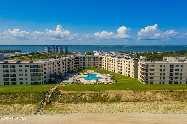 aerial view featuring a water view