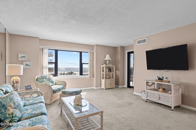 living area with a textured ceiling, carpet flooring, visible vents, and baseboards