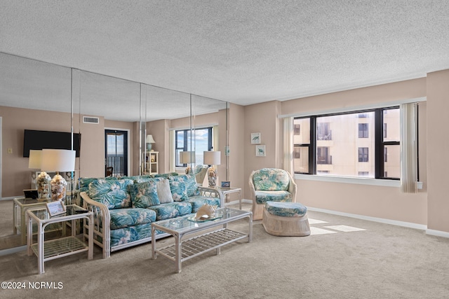 living area with carpet, visible vents, a textured ceiling, and baseboards