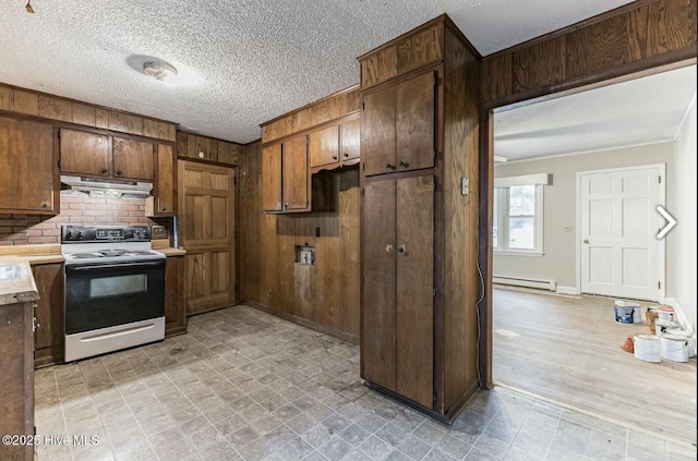 315 Glenfield Rd, Snow Hill, NC 28580 - kitchen with light countertops, wood walls, under cabinet range hood, a baseboard heating unit, and range with electric stovetop