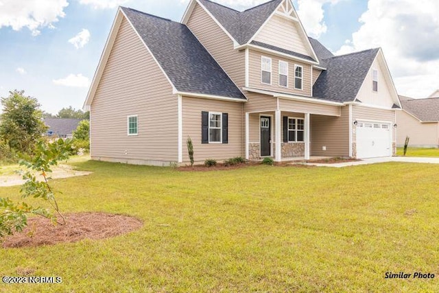 view of front of home with a porch, a garage, a shingled roof, concrete driveway, and a front lawn