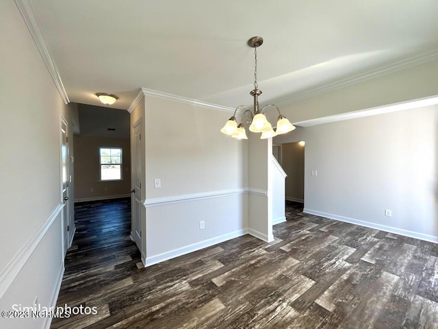 unfurnished dining area featuring a notable chandelier, baseboards, ornamental molding, and dark wood-type flooring