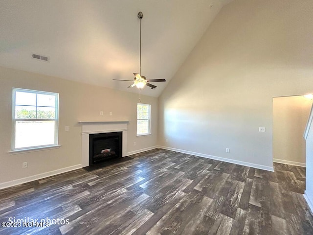 unfurnished living room featuring visible vents, a fireplace with flush hearth, dark wood-type flooring, high vaulted ceiling, and baseboards