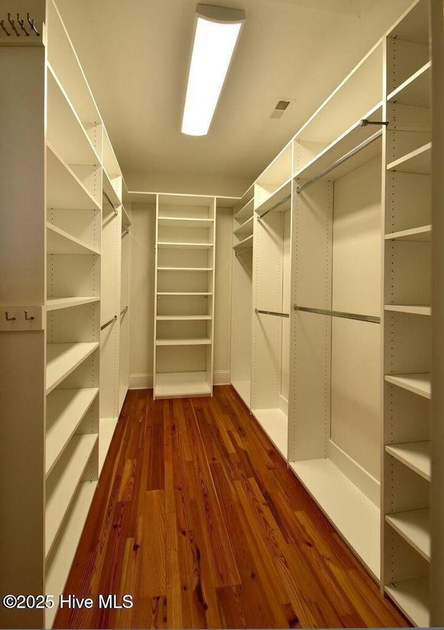 walk in closet with dark wood finished floors