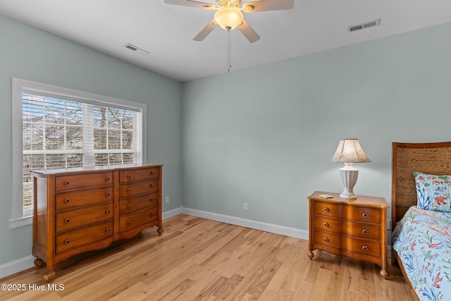 bedroom with baseboards, visible vents, and light wood finished floors