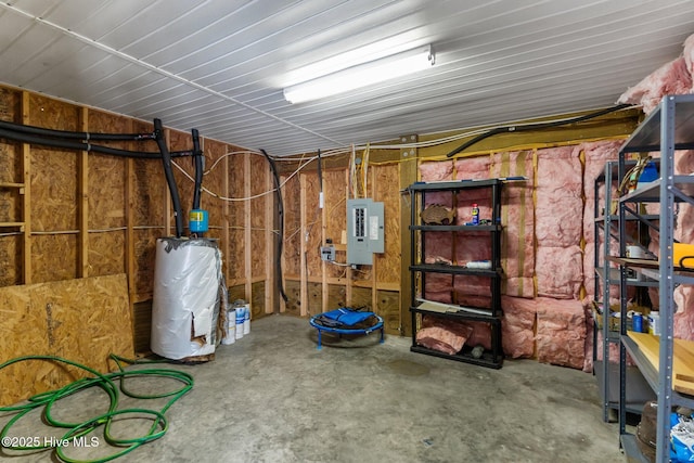 storage room with electric panel and water heater