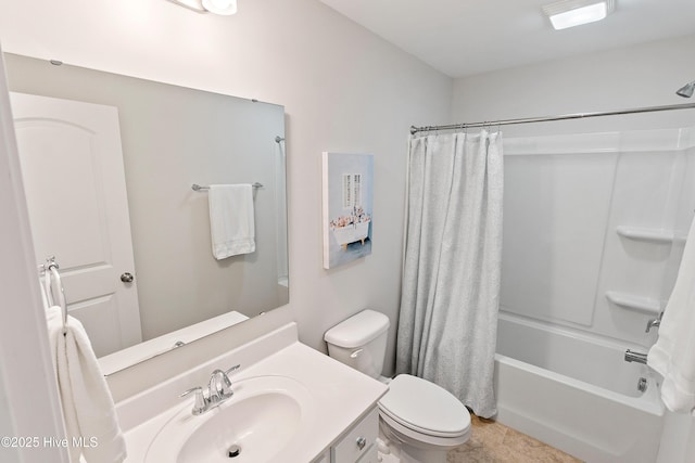 full bathroom with toilet, vanity, and shower / bath combination with curtain