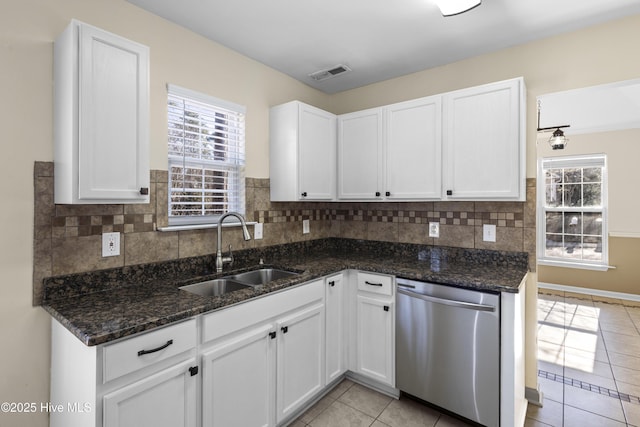 kitchen featuring visible vents, a sink, stainless steel dishwasher, and white cabinetry