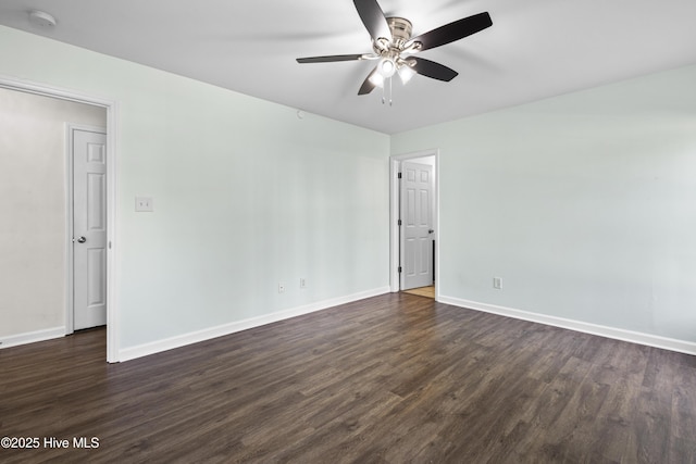 empty room featuring ceiling fan, baseboards, and dark wood-style flooring