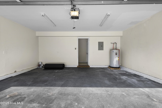 garage with electric panel, a garage door opener, and electric water heater