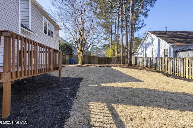 view of yard featuring a deck and a fenced backyard