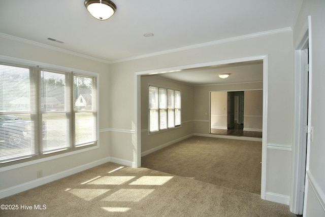 empty room featuring carpet floors and ornamental molding