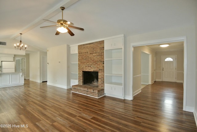 unfurnished living room featuring lofted ceiling with beams, dark wood-type flooring, and a fireplace